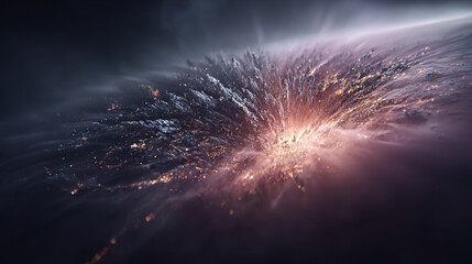 Cosmic explosion creating sparkling particles and forming new galaxy