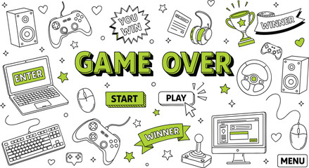 Gaming and esports vector illustration set featuring line art of controllers laptops keyboards trophies and bold game over text with green highlights © NURUL