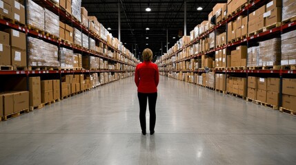 Woman in Red Jacket in a Large Warehouse Aisle