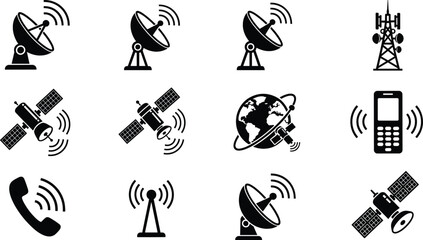 Telecommunication and satellite technology icon set featuring silhouettes of parabolic antennas orbital satellites cell towers and mobile devices flat vector illustration © NURUL