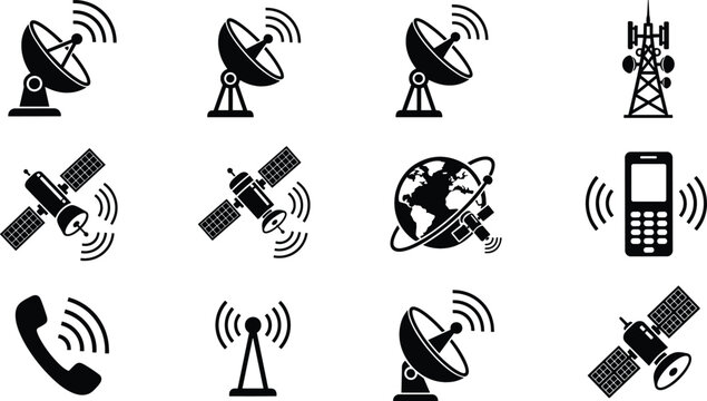 Telecommunication and satellite technology icon set featuring silhouettes of parabolic antennas orbital satellites cell towers and mobile devices flat vector illustration