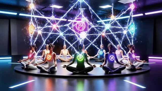 A group of people meditate in a circle on a platform with a neon-lit geometric pattern background