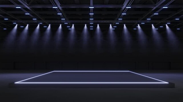 Motion Empty stage light Design for mockup and Corporate identity,Display.Stage with truss in hall.Blank screen for Graphic Resources.Scene event led night light staging.Animation loop 4k.3D render.