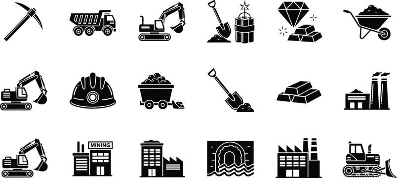 Mining and heavy industry icon set featuring silhouettes of excavators dump trucks gold bars diamonds safety helmets and factory buildings flat vector illustration