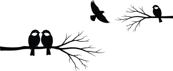 Black chickadee silhouettes perched on winter branches and flying in flight isolated on white background for nature garden vector design. © Mukta