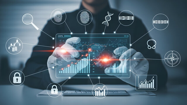 A specialist using advanced futuristic holographic interface to analyze crime evidence fingerprints and genetic dna profiles