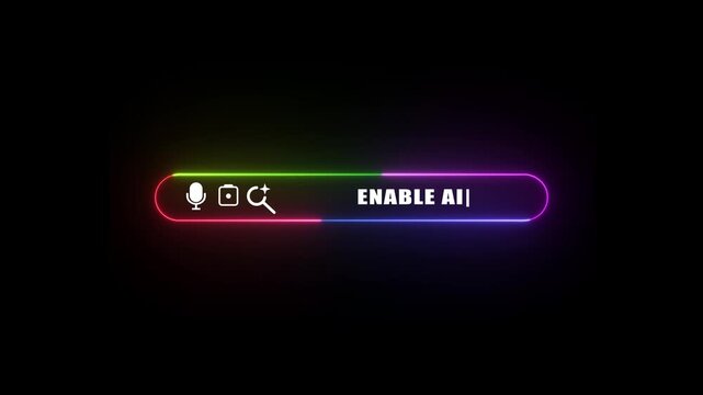 Enable A I neon button with microphone camera and magnifying glass on black background for futuristic technology and innovation concepts