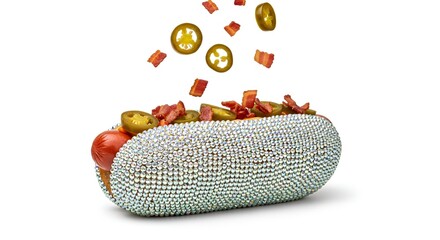 A decadent hot dog, encrusted with sparkling rhinestones, is topped with falling jalape&ntilde;os and