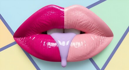 Glossy lips, split into vibrant fuchsia and soft pink hues, with a dollop of lilac liquid dripping