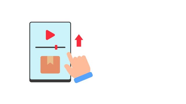 Demo Reel Flat Animation 2D Cartoon 4K Video with smart phone, video product and hand. Relate To Product Offering, Marketing, Commerce And Shopping. Editable On Transparent Background Alpha Channel.