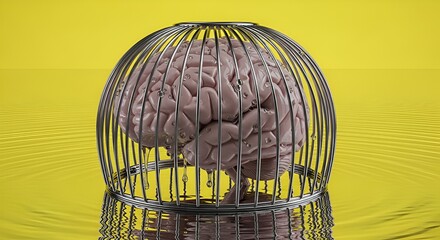 A surreal, symbolic representation of a pink brain trapped within a chrome birdcage, symbolizing