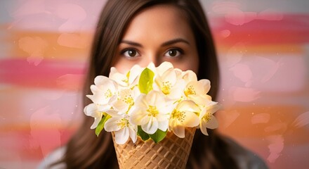 A woman's eyes gaze over a bouquet of delicate white jasmine flowers emerging from a waffle cone,