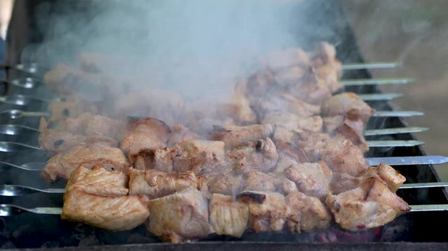 Traditional georgian mtsvadi, grill on the coals with smoke. Shashlik, barbecue. Slow motion