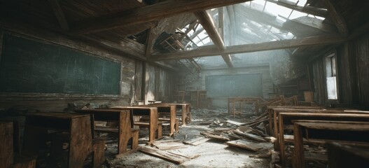 Dramatic Sunbeams Illuminate Dusty, Ruined Classroom Interior with Collapsed Roof and Scattered Debris.