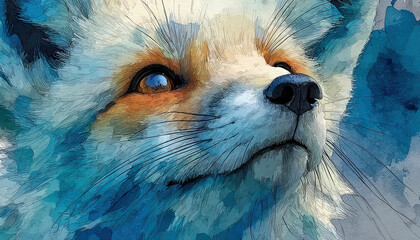 An artistic portrait of a fox, executed in a watercolor and graphic style.  