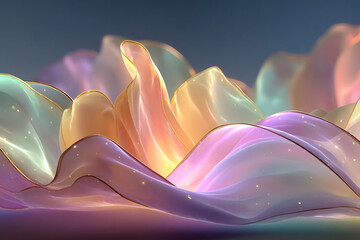 An abstract composition with soft, iridescent shapes reminiscent of waves, petals, or translucent fabric.  