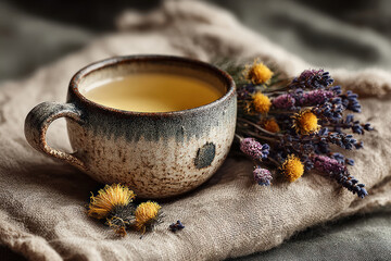 A still life with a ceramic cup of herbal tea resting on a linen cloth.  