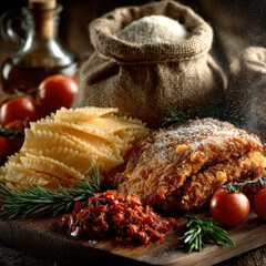 A mouth-watering gastronomic still life featuring a breaded meat dish, pasta sheets, and tomato sauce on a wooden board.  