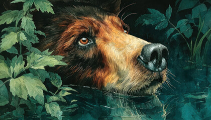 An artistic illustration depicting a brown bear emerging from the water amid dense forest vegetation.  