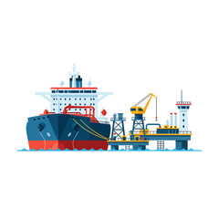 Industrial Offshore Oil Rig Platform with Supply Ship in Calm Sea Waters