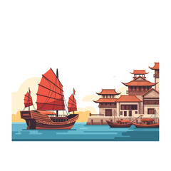 Ancient Chinese boat sailing near a traditional pagoda building on a serene waterfront