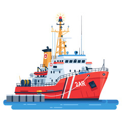 A red rescue ship docked at a harbor, viewed from the side, showcasing its detailed structure and equipment.