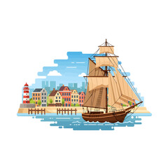 Sailboat navigating through a vibrant harbor with colorful buildings and a lighthouse