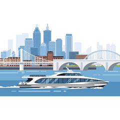 A luxurious yacht sails past a city skyline with a bridge in the background