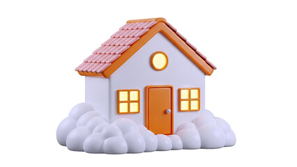 3D Cartoon House with Pink Roof and Orange Accents