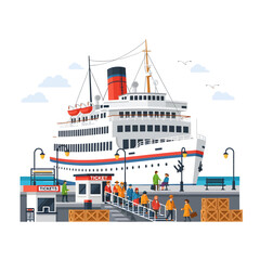 Luxury liner docked at a bustling port with people boarding the vessel