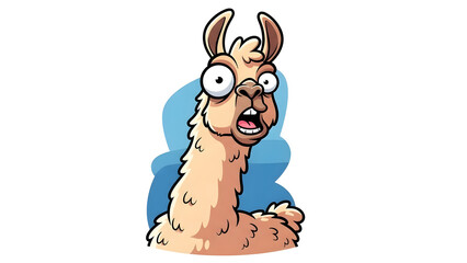 Obraz premium A comical portrait of a goofy alpaca looking shocked with wide open eyes and mouth showing teeth for a funny reaction