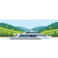 Luxury yacht sailing through serene landscape on calm waters with rolling hills and lush greenery in the background