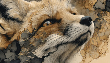An artistic portrait of a fox, executed in watercolor illustration with a flowing ink effect and textured spots.  