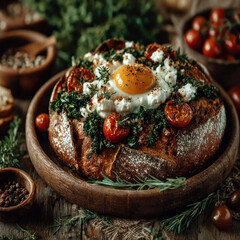 A delicious, rustic dish: baked bread with a crisp crust, filled with cream cheese, fresh herbs, roasted cherry tomatoes, and a brightly yolked egg in the center.  