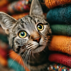 A close-up portrait of a gray tabby cat with expressive green eyes against a background of vibrant knitted fabrics.  