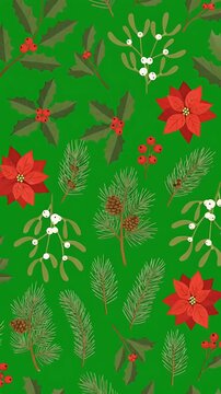 Pixel Art Christmas Pattern Red Poinsettias Green Holly Mistletoe Pine