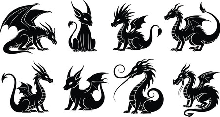 Black dragon silhouette set, featuring mythical fantasy creatures, winged monsters, and cute baby dragons for gaming, tattoo art, and vector design © Mukta