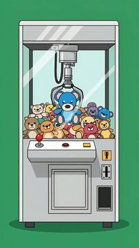 Pixel Art Claw Machine Filled With Stuffed Animals On Green Background Loop