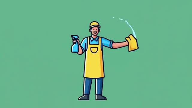 Pixel Art Cleaner Spraying and Wiping with Yellow Rag Animated