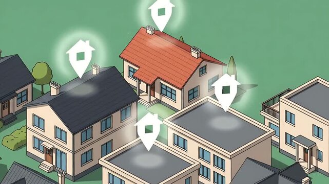 Pixel Art Houses and Trees Landscape Loop Animation with Location Pins