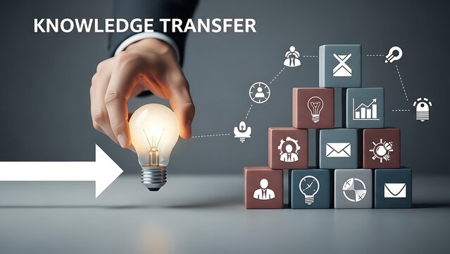 Business Hand Holding Glowing Light Bulb Symbolizing Knowledge Transfer and Innovation.