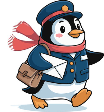 Postman penguin going with letter flat vector icon illustration for sticker, logo, book, t-shirt design and more decorations