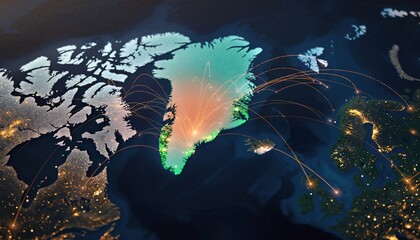 Economic connections global night map highlight Greenland’s illuminated cities, network lines, international trade, modern communication, and economic growth across borders.