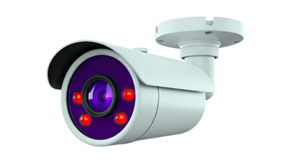 White Security Camera with Purple Lens and Red IR LEDs