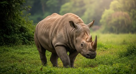 Obraz premium Powerful rhinoceros walking through a vibrant green grassy field with a forest edge in the background, bathed in bright natural sunlight.