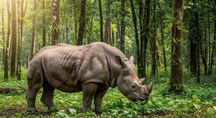 Rhinoceros walking and grazing on lush green foliage along a sun-dappled forest path, surrounded by towering tropical trees.
