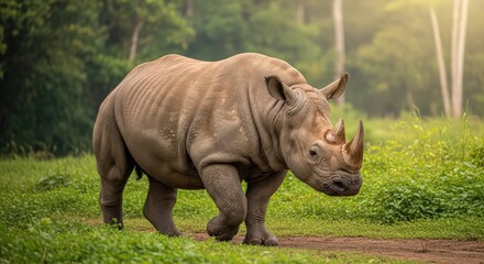 Obraz premium Majestic rhinoceros walking along a sunlit dirt path through a vibrant green grassy landscape with lush forest in the background.
