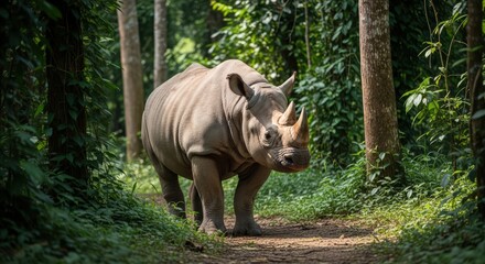 Powerful rhinoceros walking confidently towards the viewer on a shaded dirt path through a lush green tropical forest, with tall trees.