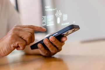 Senior man using tablet with virtual customer service icons, AI chat support and 24/7 service concept. Modern technology, digital communication, online help and smart assistance at home.