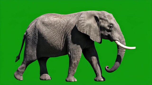 Walking elephant on green screen isolated for wildlife and visual effects use